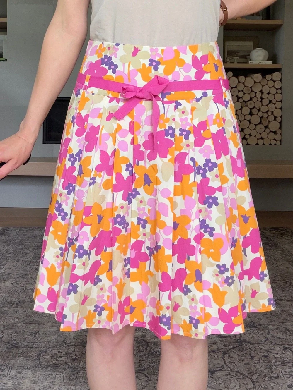 Vintage 100% cotton Floral Pleated A-Line Skirt with ribbon tie size 8 - Picture 3 of 12